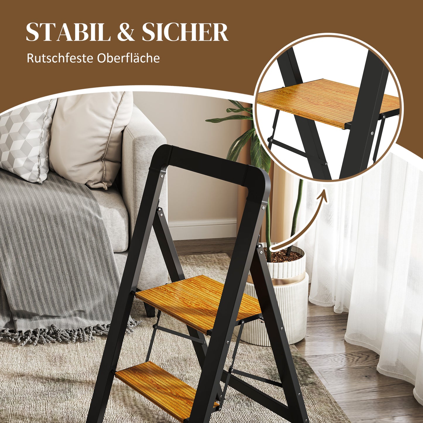 HOMCOM 2-stufige Trittleiter, Metall, faltbar, rutschfeste Plattform, Schwarz