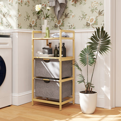 HOMCOM Bambus-Wäscheregal, mit 2 Wäschekörben aus Stoff, offene Ablagen, platzsparend, Naturholz