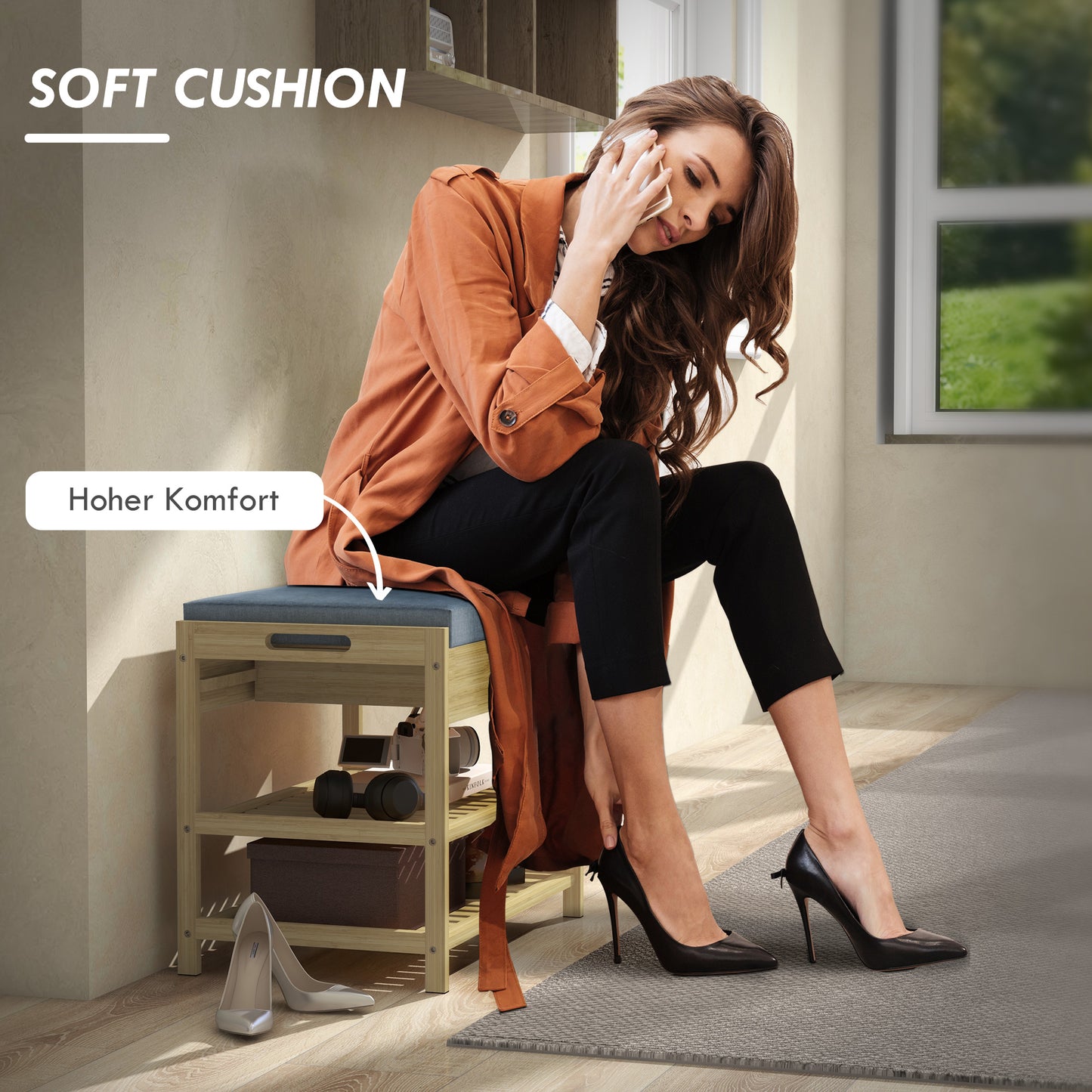 HOMCOM Schubank Schuhregal, 2 Ablagen, Sitzpolster, Bambus, 55 cm x 35 cm x 46 cm, Grau + Natur