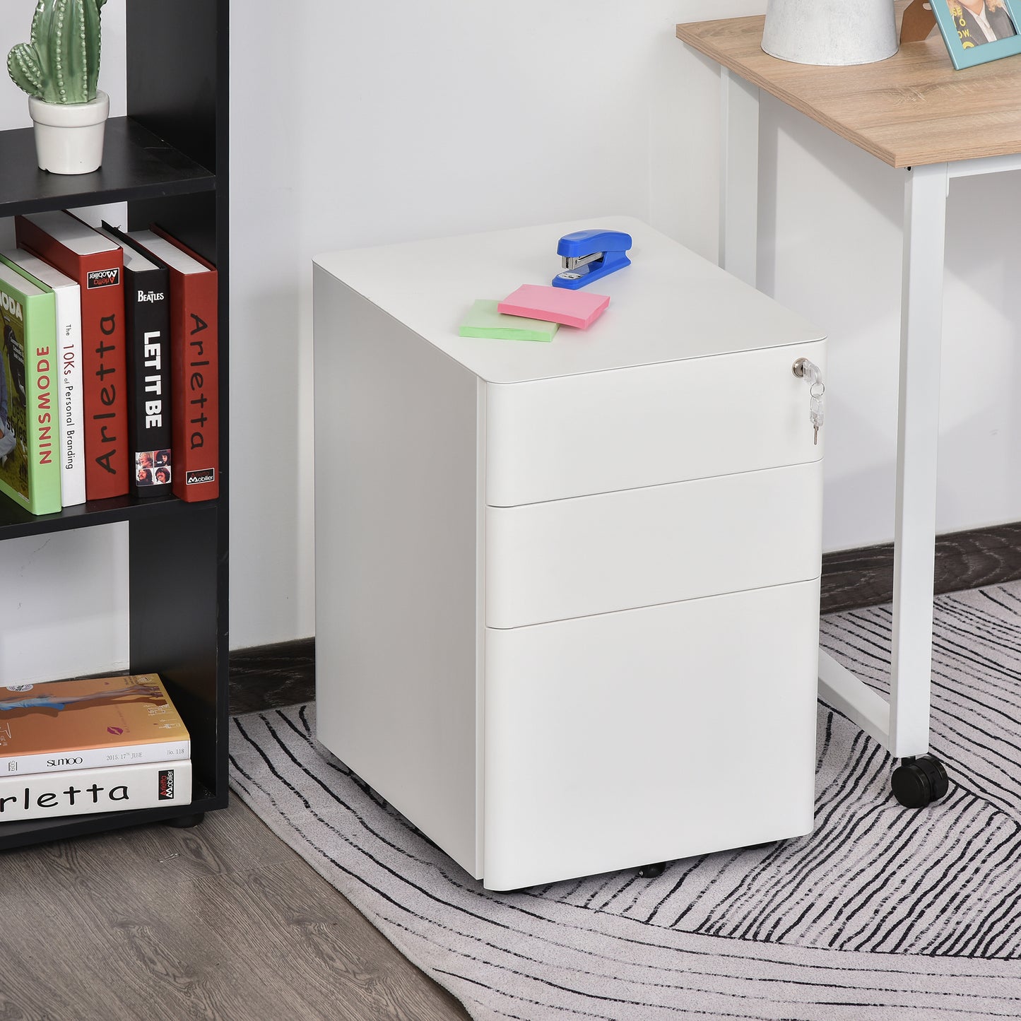 Vinsetto Rollcontainer mit 3 Schubladen mobiler Aktenschrank mit Rollen abschließbar Büroschrank mit Hängeregistratur Stiftfach, Bürocontainer für Büro, Homeoffice, 39 x 48 x 59 cm Weiß
