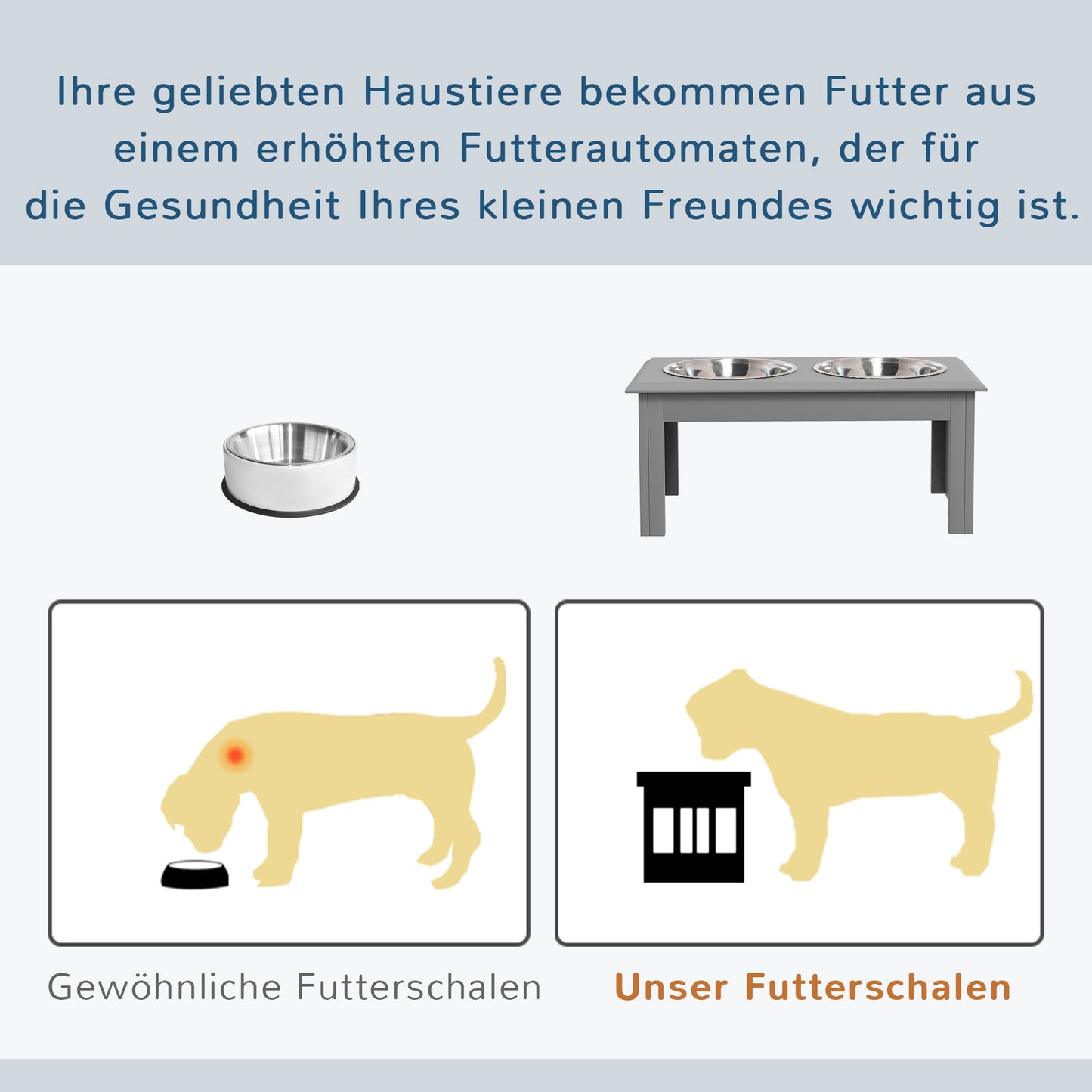 PawHut Hunde-Futterstation, 2 Edelstahlnäpfe, rutschfest, 58,4x30,5x25,4cm, Grau