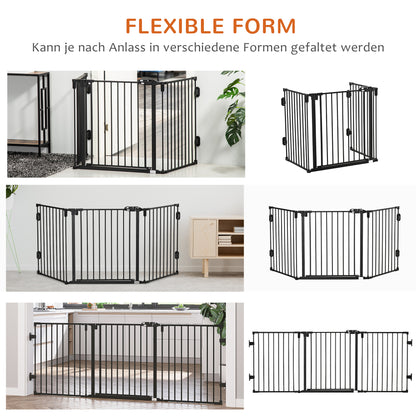 PawHut Hunde Absperrgitter Türschutzgitter Haustierschutzgitter verstellbar klappbar Kamingitter mit automatische schließenden Tür 3 Paneele für Ofen Wandmontage/Freistehend Schwarz 202,5 x 76 cm