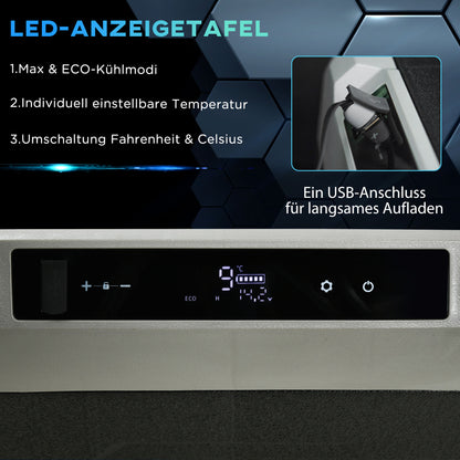 Outsunny Kühlbox Auto 40L mit LED-Beleuchtung Kompressor Autokühlschrank mit Griffe Transportrollen Boot Camper Reisen 12/24V DC und 110-240V AC Grau+Schwarz