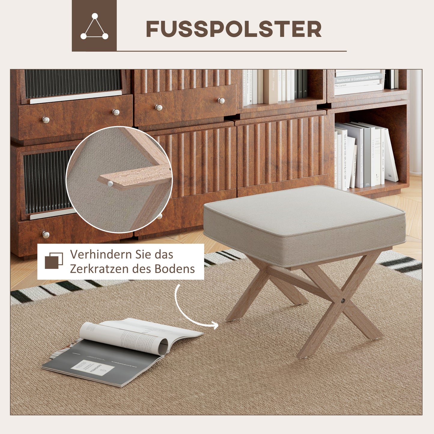 HOMCOM Moderner Fußhocker, Gepolsterter Hocker mit weichem Sitz, Kautschukholzbeine, für Wohnzimmer, Schlafzimmer, Beige