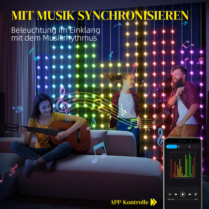 HOMCOM Vorhang mit 400 LED-Lichtern, Dynamische Lichterketten mit Musiksynchronisation für Schlafzimmer, Wohnzimmer, 3 x 3 m