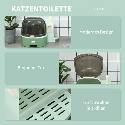 PawHut Katzentoilette, 2 herausziehbare Bodenwannen, 1 Schaufel, Streuauffangfach, abnehmbare Haube, Grün + Schwarz