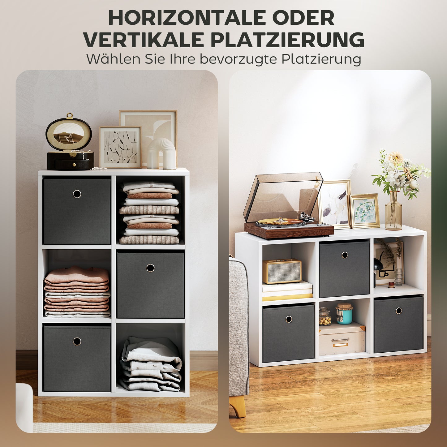 HOMCOM Regal mit 6 Fächern und 3 Stoffschubladen, Aufbewahrungsregal, vielseitig, Grau