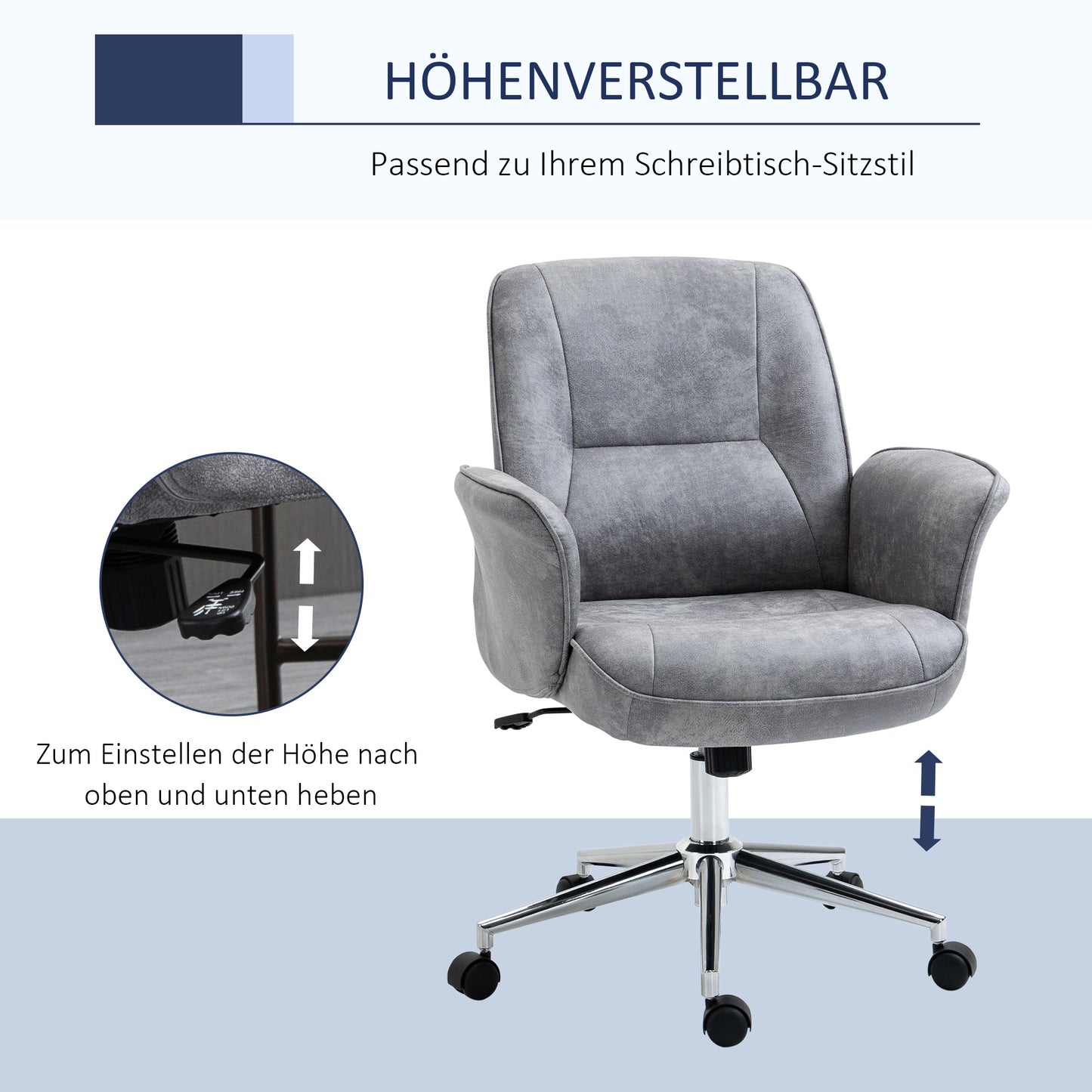 Vinsetto Bürostuhl mit Wippfunktion Schreibtischstuhl höhenverstellbarer Drehstuhl ergonomischer Arbeitsstuhl modern Belastbar bis 120 kg Mikrofaser Hellgrau 67 x 69 x 92-102 cm