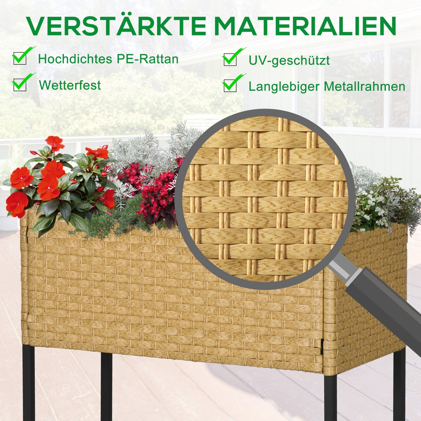 Outsunny Hochbeet, Blumenkasten, tiefe Ablage, Metallrahmen/Polyrattan, 70 x 30 x 72 cm, Sandfarben