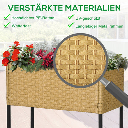 Outsunny Hochbeet, Blumenkasten, tiefe Ablage, Metallrahmen/Polyrattan, 70 x 30 x 72 cm, Sandfarben