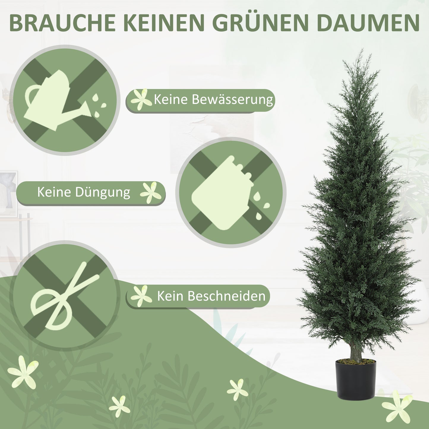 HOMCOM Zypressen-Kunstpflanze, 638 Kunststoff-Blätter, mit Topf, UV-beständig, Grün