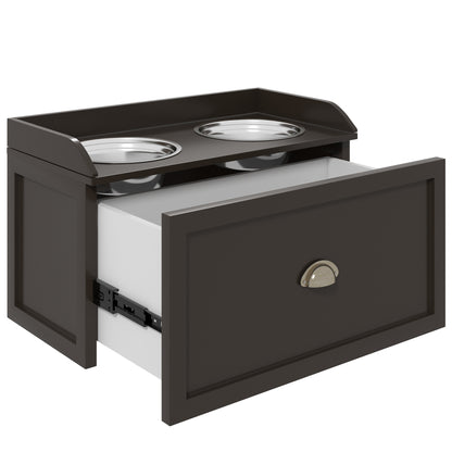 PawHut Futterstation Erhöhte Fressnäpfe 2 Fressnäpfe, 2 Edelstahlschalen, 1 Staurum, 60 x 30 x36 cm, Braun