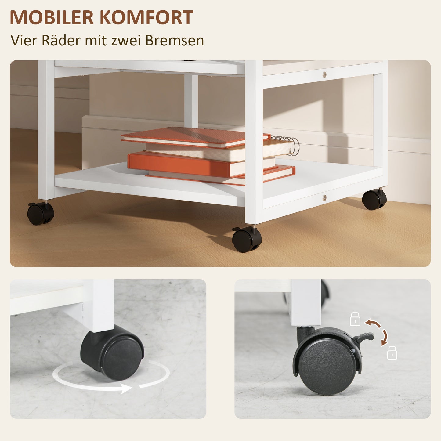 HOMCOM Druckertisch mit Rolle, Druckerständer mit 3-Ebene, Druckerhalter Stahl, 50 x 50 x 52,5 cm