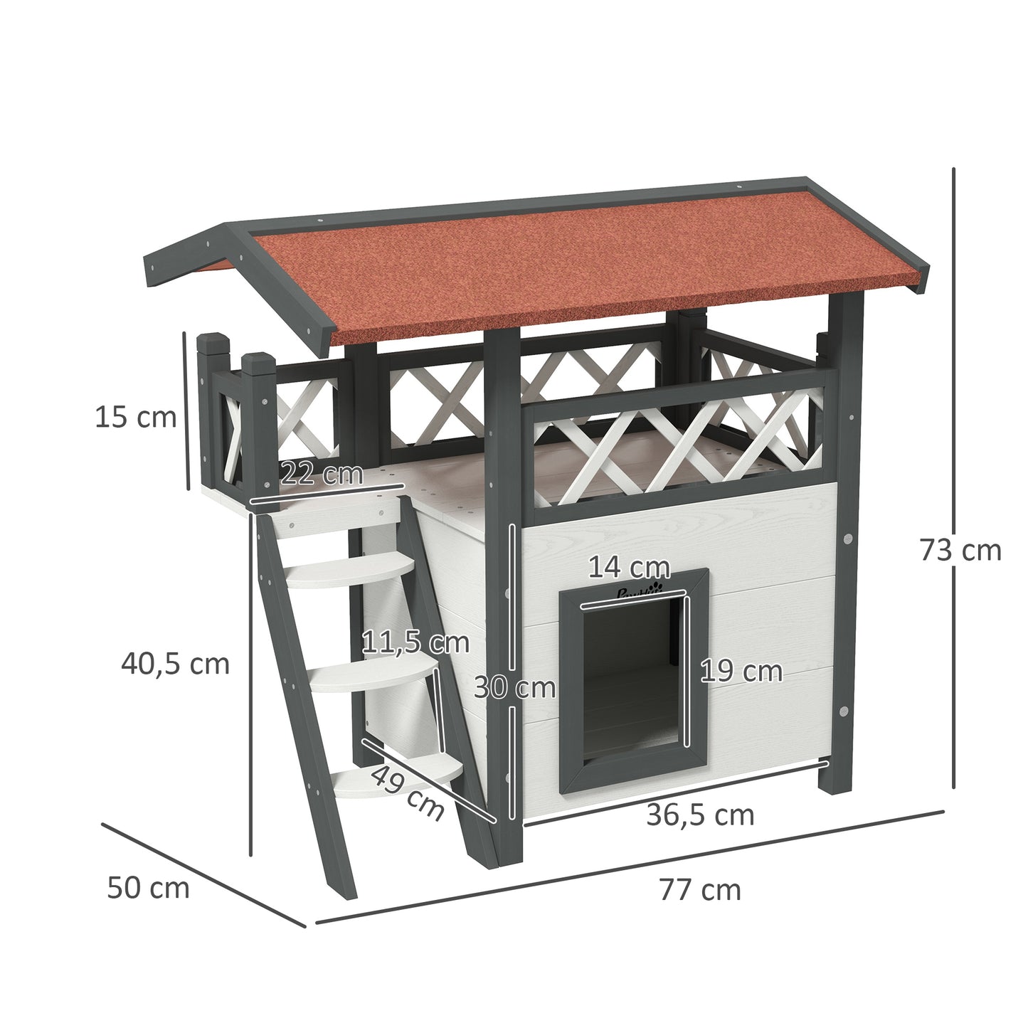 PawHut Katzenhaus Katzenhütte Haustierhütte, Asphaltdach, 2 Ebenen, 1 Leiter, Weiß+Rot