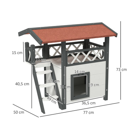 PawHut Katzenhaus Katzenhütte Haustierhütte, Asphaltdach, 2 Ebenen, 1 Leiter, Weiß+Rot