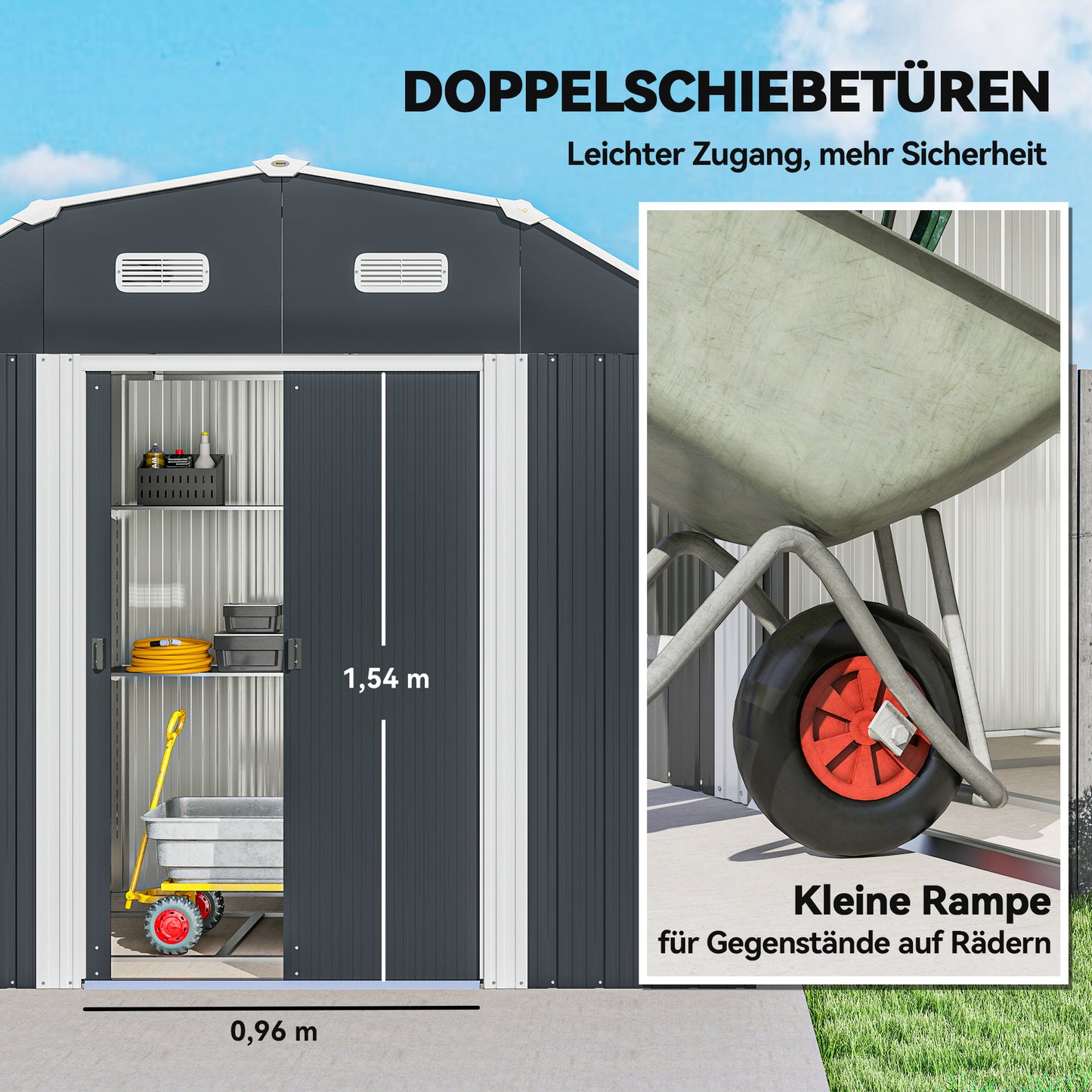 Outsunny Gartenhaus Geräteschuppen Gartenschuppen, wetterbeständig, 2 Fönster, 2 Türen, 238 x 132 x 198,5 cm, Dunkelgrau