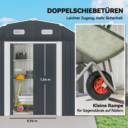 Outsunny Gartenhaus Geräteschuppen Gartenschuppen, wetterbeständig, 2 Fönster, 2 Türen, 238 x 132 x 198,5 cm, Dunkelgrau