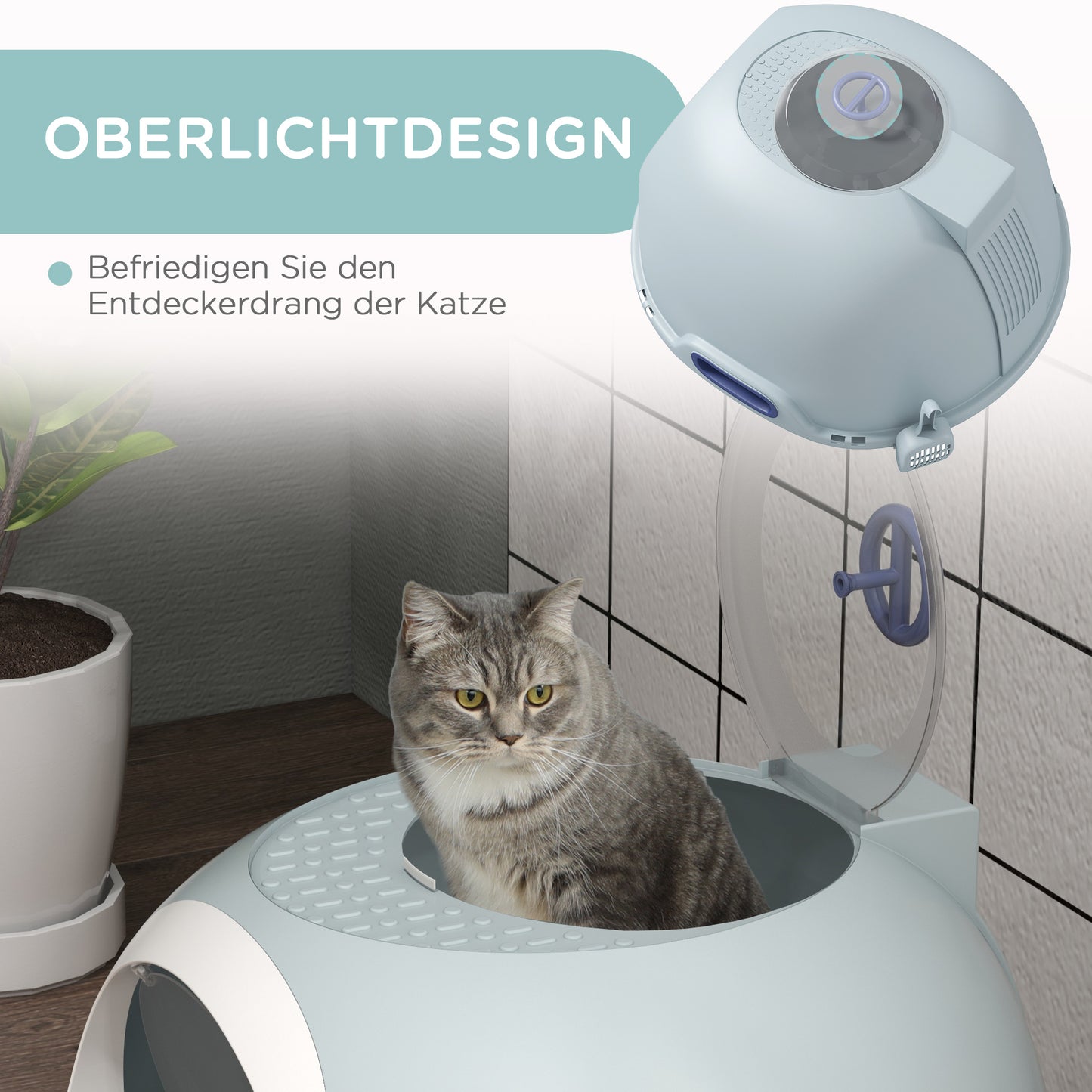 PawHut Katzentoilette mit Dachfenster, Katzenklo mit Bodenschale, mit Schaufel, Tragbar, PP ABS, See-Blau, 47 x 55 x 44 cm