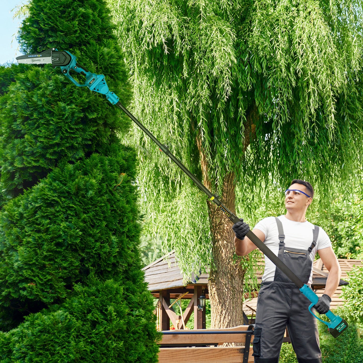 Outsunny 2-in-1 Mini Kettensäge 580W mit Akku 8000mAh Sicherheitsverriegelung 8 Zoll 42 x 29 x 10,5 cm Blau