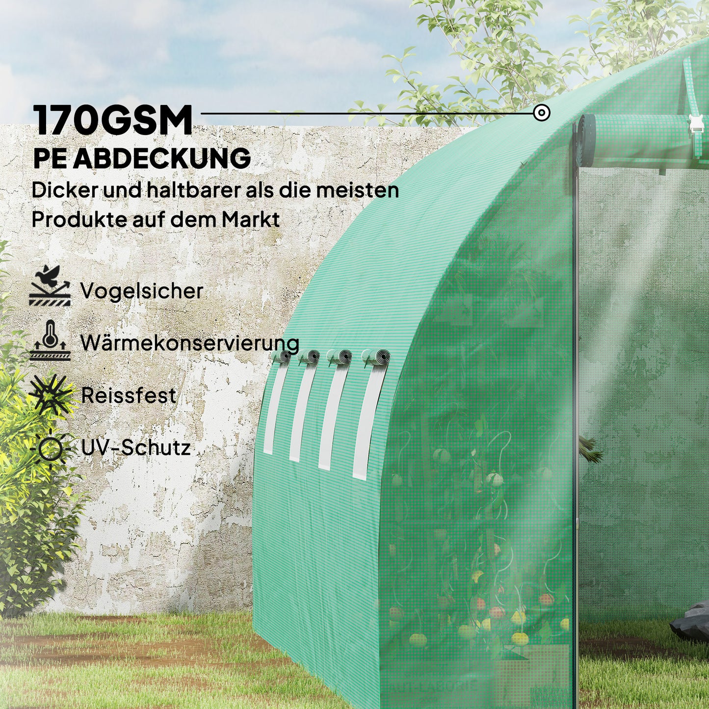 Outsunny Polytunnel Gewächshaus mit Kunststoff-Abdeckung und Stahlrahmen, begehbares Gewächshauszelt mit Rolltüren, Grün