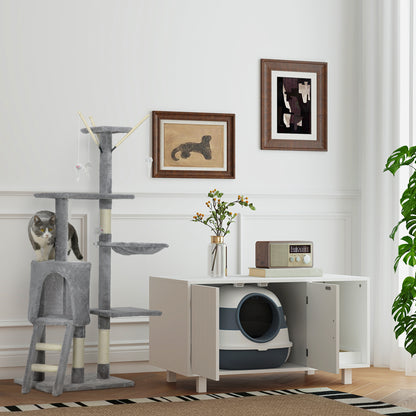 PawHut Katzentoilette, mit Streuschaufel, Eingang mit Bodengitter, abnehmbarer Deckel, weiß+grau, 52 x 41 x 38 cm