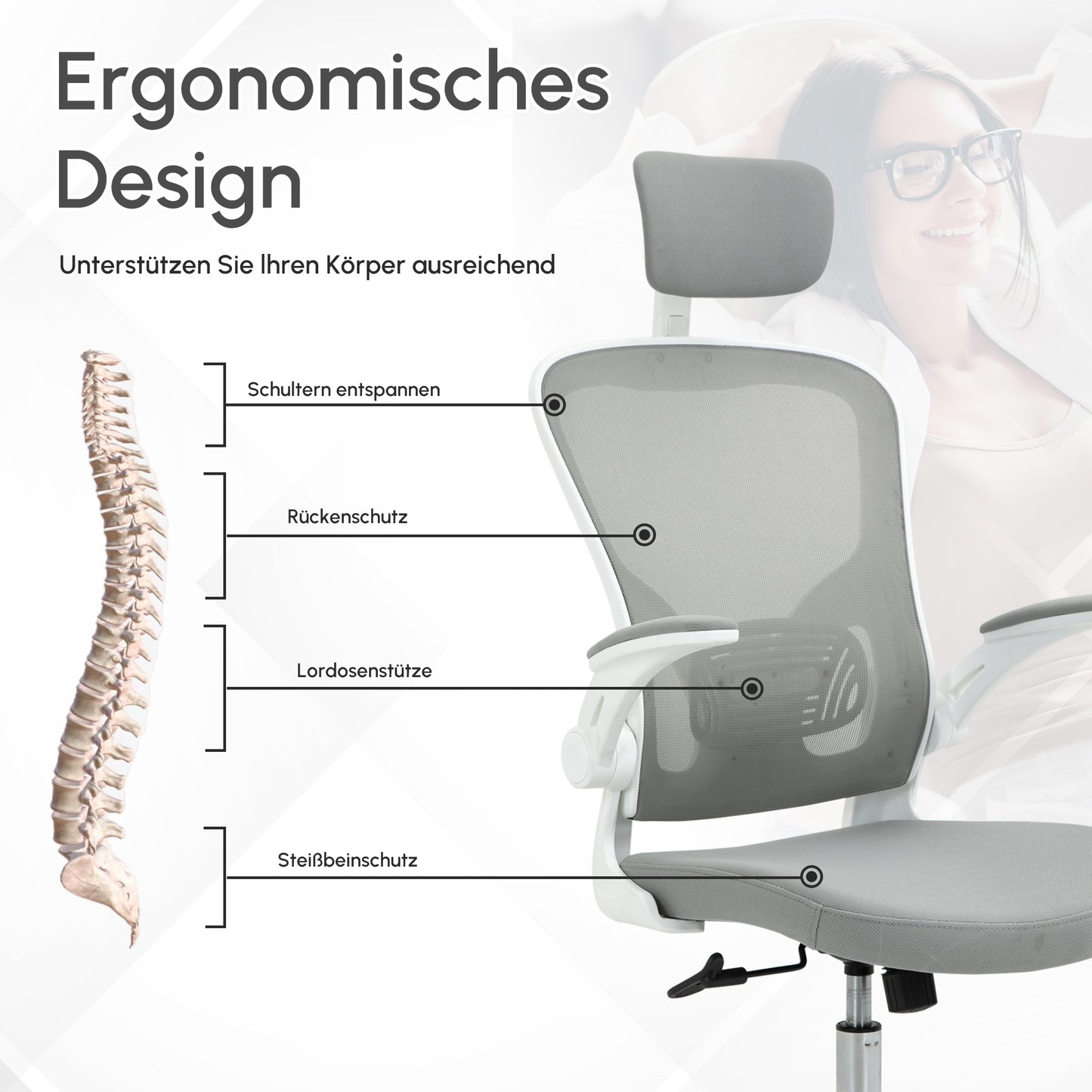 Vinsetto Bürostuhl ergonomischer Shreibtischstuhl mit Wippfunktion hoher Rückenlehne Lendenwirbelstütze Kopfstütze hochklappbarem Arm Home-Office Grau 65 x 64 x 114-122 cm