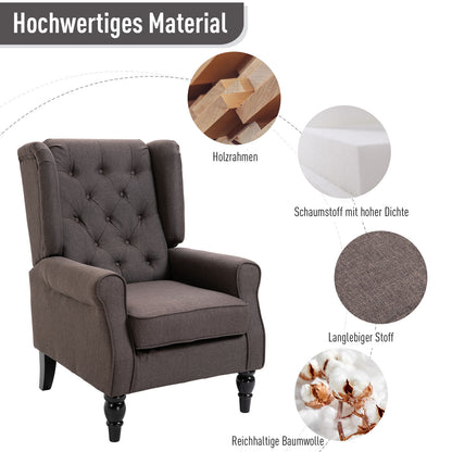 HOMCOM Ohrensessel Sessel mit Tufting, hoher Rückenlehne, Gepolstert Loungesessel mit abgerundeten Armlehnen, Holzbeine, für Schlafzimmer, Wohnzimmer, bis 160 kg, Braun