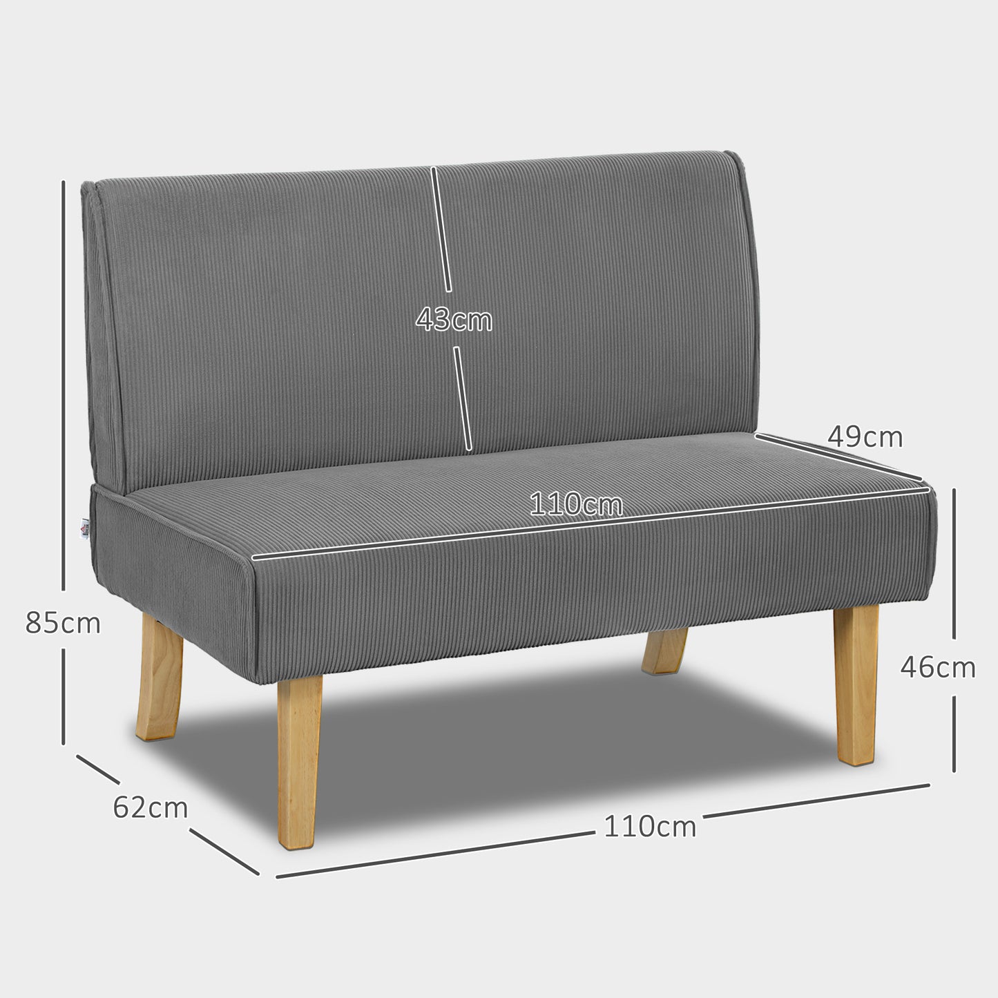 HOMCOM Zweisitzer-Sofa mit Cord-Bezug, dicker Polsterung und soliden Holzbeinen für Wohnzimmer, Schlafzimmer, Büro, Grau