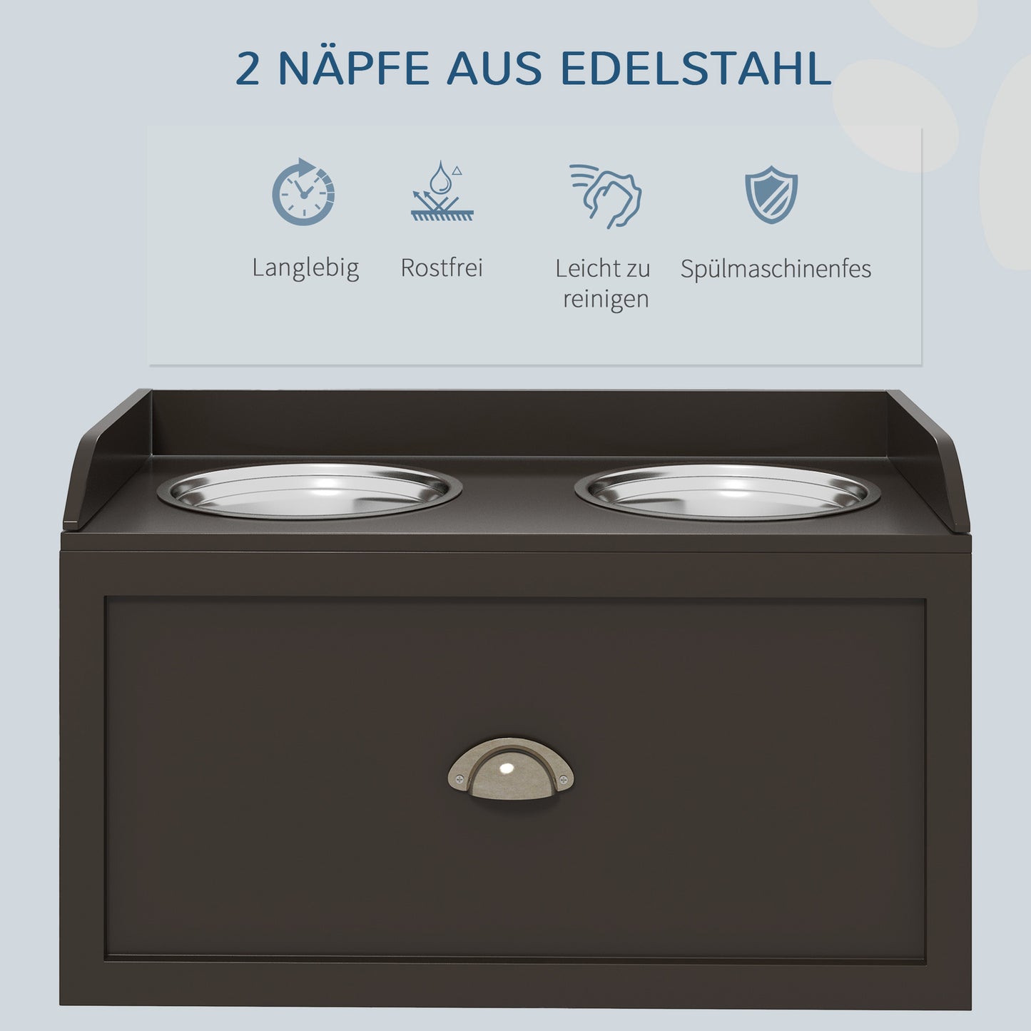 PawHut Futterstation Erhöhte Fressnäpfe 2 Fressnäpfe, 2 Edelstahlschalen, 1 Staurum, 60 x 30 x36 cm, Braun