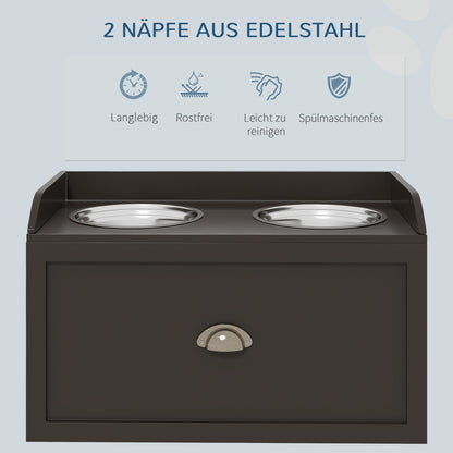 PawHut Futterstation Erhöhte Fressnäpfe 2 Fressnäpfe, 2 Edelstahlschalen, 1 Staurum, 60 x 30 x36 cm, Braun