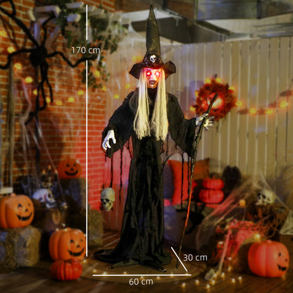 Outsunny 170 cm Halloween Dekoration Halloween Hexe mit LED-Lichter, Soundfunktion verstellbare Arme, Kopf