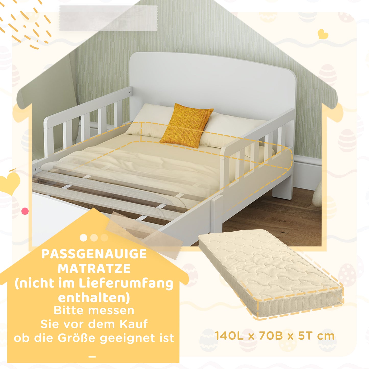 AIYAPLAY Kinderbett mit Sicherheitsschienen, Kleinkinderbett für Kinder im Alter von 3-8 Jahren, MDF, Weiß