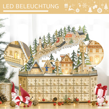 HOMCOM Adventskalender Weichnachtsdekoration Weihnachtsdeko, 24 Schubladen, LED-Lichter, 39 cm x 9 cm x 42 cm, Weiß + Grün