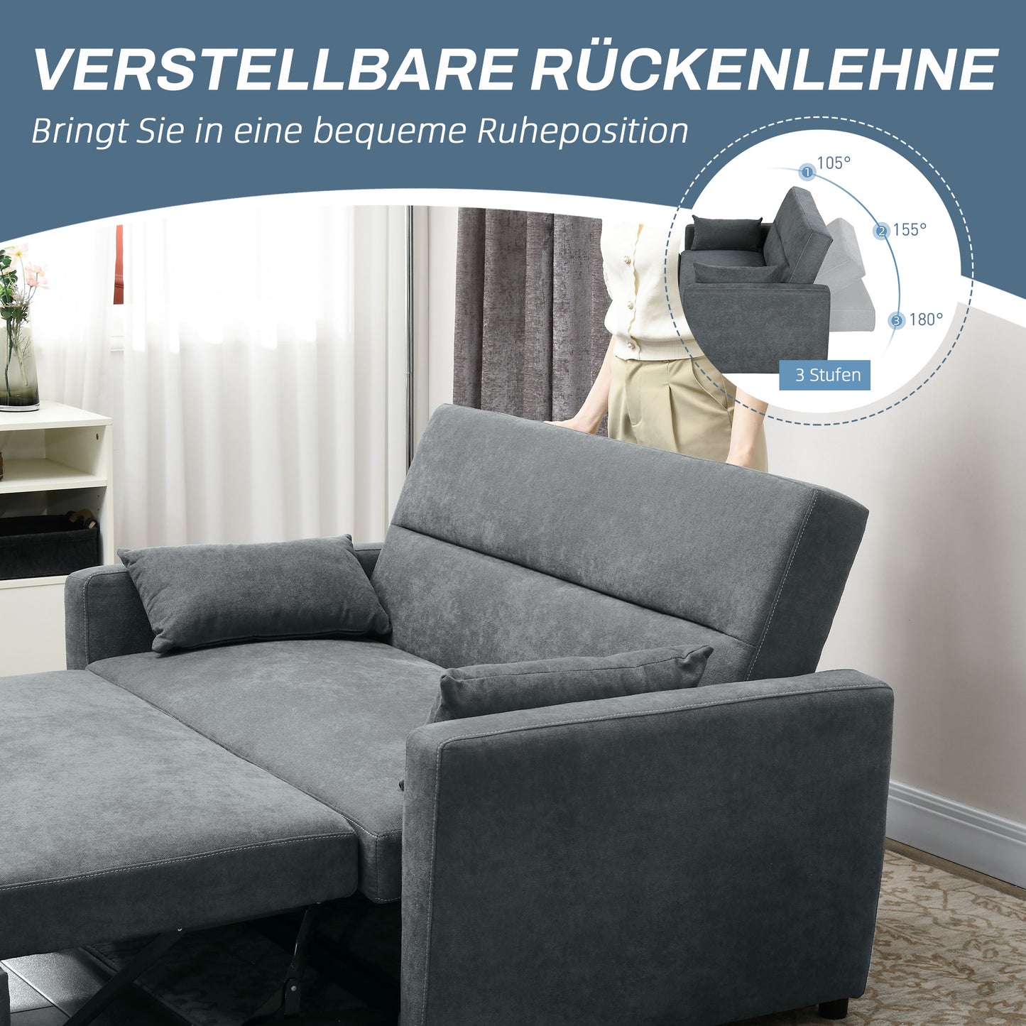 HOMCOM Schlafsofa, 2-Sitzer, ausklappbar, bis 200 kg, Holzrahmen, 155x90x88,5cm, Dunkelgrau