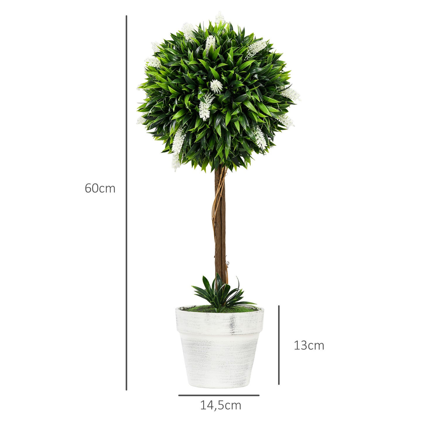 HOMCOM 2er-Set Lavendel Kunstbaum, 60 cm hoch, inkl. Topf und Kunstmoos, Weiß