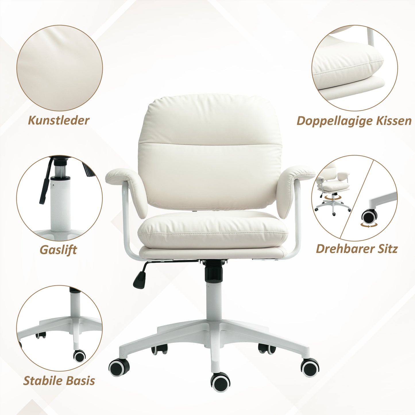 HOMCOM Höhenverstellbarer Schreibtischstuhl mit weichem Kissen und Kunstleder-Bezug, flexiblen Rädern und Kippfunktion, Weiß