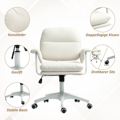 HOMCOM Höhenverstellbarer Schreibtischstuhl mit weichem Kissen und Kunstleder-Bezug, flexiblen Rädern und Kippfunktion, Weiß