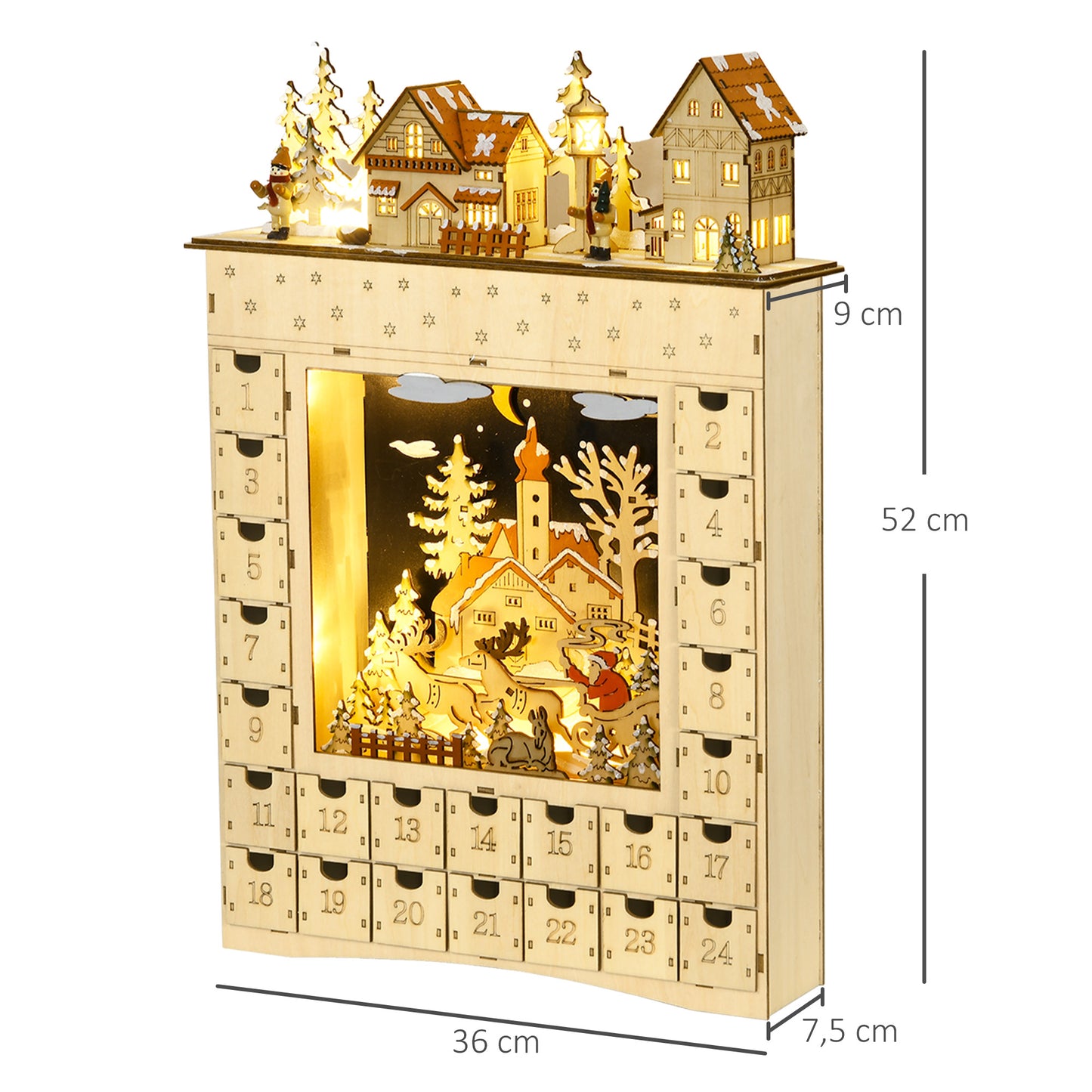 HOMCOM Adventskalender zum Befüllen 24 Schubladen Fächer Weihnachtskalender mit LED-Lichtern Naturholz 36 x 9 x 52 cm