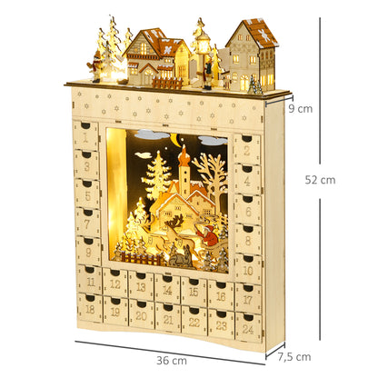 HOMCOM Adventskalender zum Befüllen 24 Schubladen Fächer Weihnachtskalender mit LED-Lichtern Naturholz 36 x 9 x 52 cm