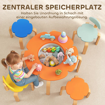 AIYAPLAY 5-teiliges Kindertisch- und Stuhl-Set, mit Aufbewahrungstasche, Blumenform, für Spielzimmer, Kinderzimmer, Holz, Bunt