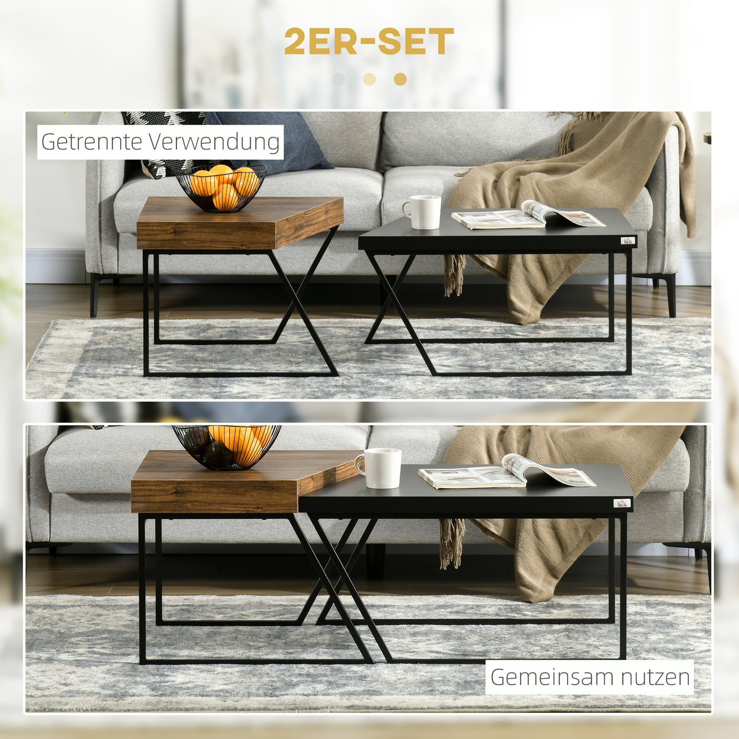 HOMCOM Couchtisch-Set, 2 Beistelltische, Industrial Design, Stahlrahmen, Holz/Schwarz