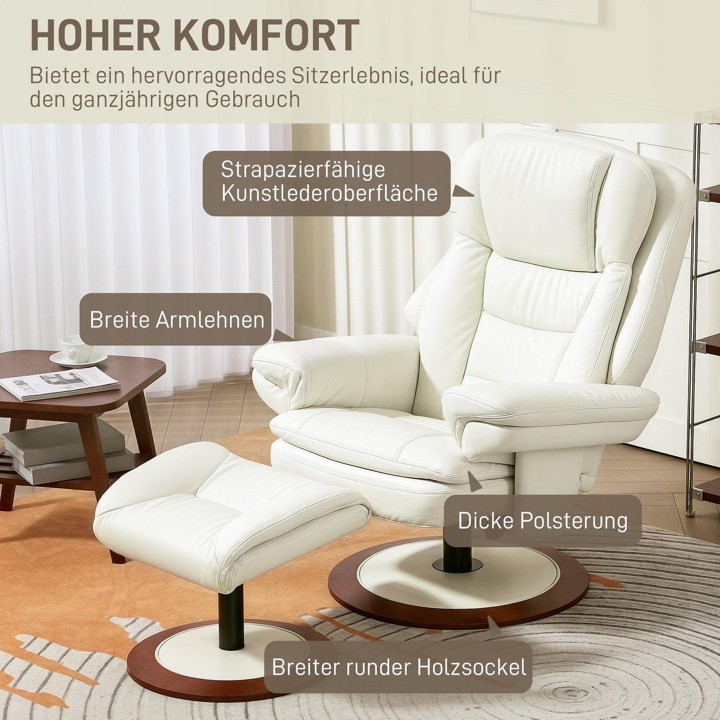 HOMCOM Relaxsessel mit Hocker, Liegefunktion, Drehbarer TV-Sessel mit Holzsockel, bis 150 kg belastbar, Kunstleder, Cremeweiß