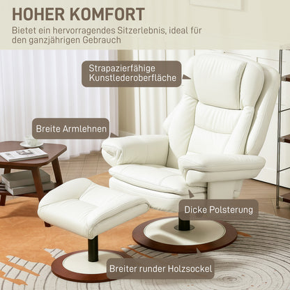 HOMCOM Relaxsessel mit Hocker, Liegefunktion, Drehbarer TV-Sessel mit Holzsockel, bis 150 kg belastbar, Kunstleder, Cremeweiß
