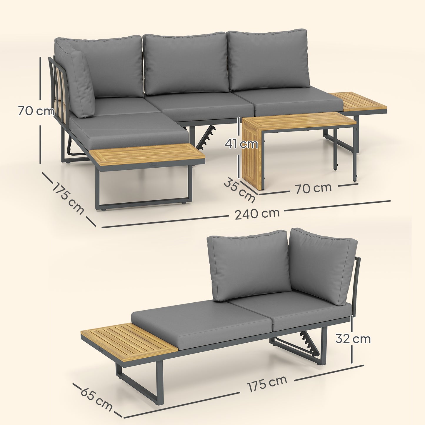 Outsunny Außenmöbel-Set, auf 6 Sitze erweiterbar, L-förmige Outdoor-Sitzecke mit Tischen, Stahlrahmen, verstellbare Lehnen, Grau