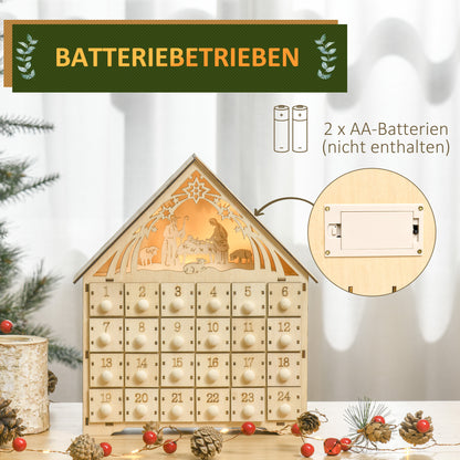 HOMCOM Adventskalender mit LED-Beleuchtung, 24 Schubladen, Krippenszene, 26,6x6x30 cm, Holzoptik