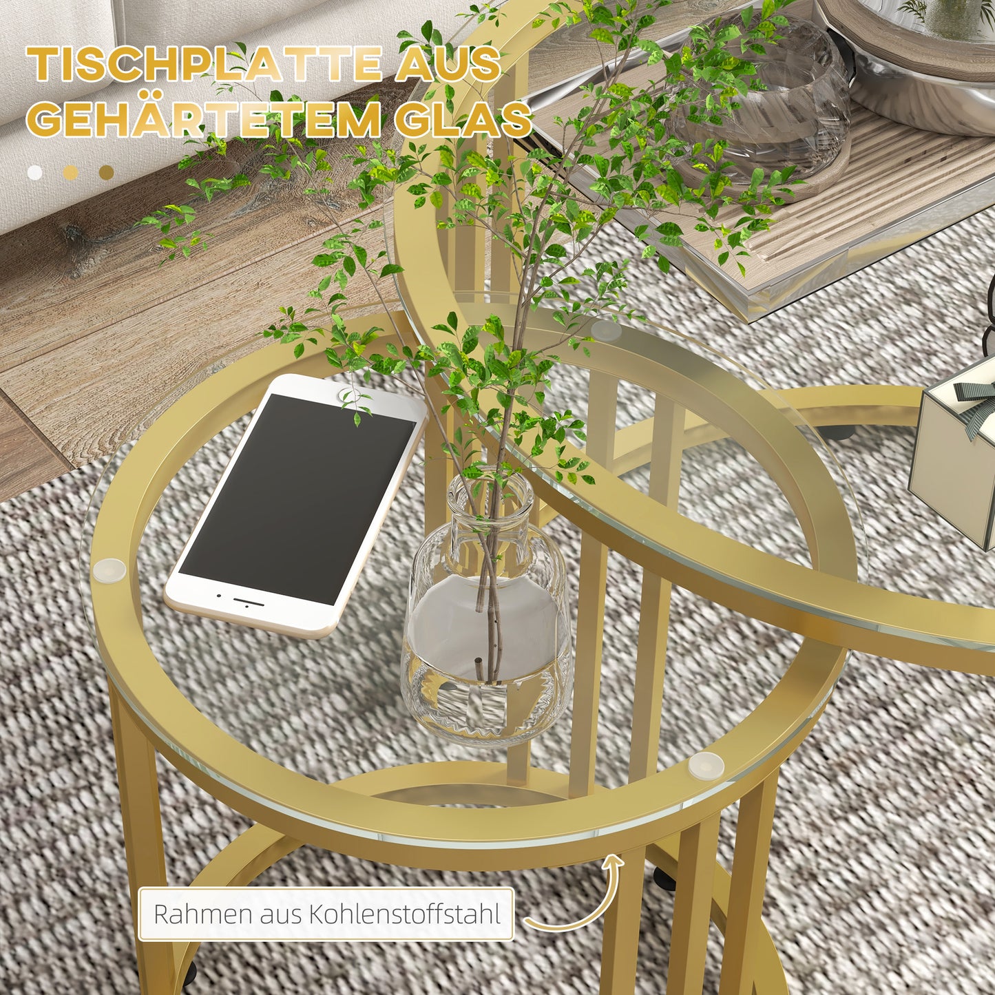 HOMCOM Beistelltisch-Set, 2 Satztische, Karbonstahl, Glasplatte, Ø60x47/Ø40x42 cm, Gold