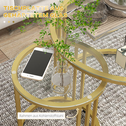 HOMCOM Beistelltisch-Set, 2 Satztische, Karbonstahl, Glasplatte, Ø60x47/Ø40x42 cm, Gold