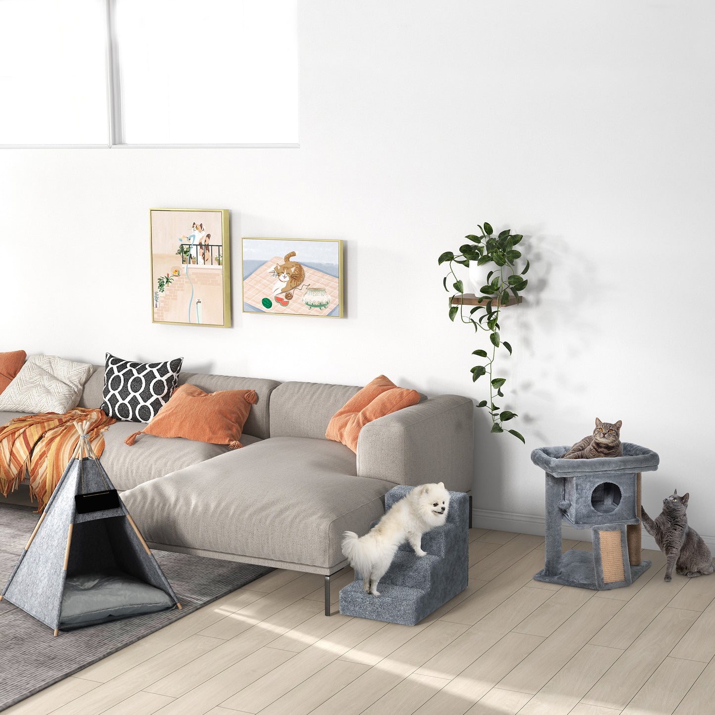 PawHut Hundetreppe 4-stufig, 35 cm Katzentreppe für Bett und Sofa, Haustiertreppe für Hunde und Katzen bis 5 kg, Plüschoptik, Hellgrau