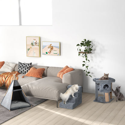 PawHut Hundetreppe 4-stufig, 35 cm Katzentreppe für Bett und Sofa, Haustiertreppe für Hunde und Katzen bis 5 kg, Plüschoptik, Hellgrau