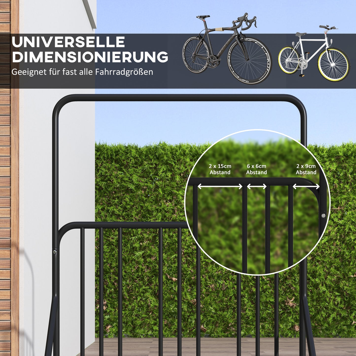 DURHAND Fahrradständer für 4 Fahrräder, wetterbeständig, zusätzliche Halterung, 102 x 92 x 130 cm, Schwarz